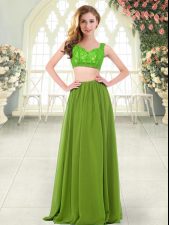 Beauteous Floor Length Two Pieces Sleeveless Olive Green Prom Evening Gown Zipper