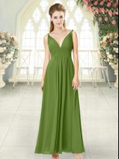  Olive Green Chiffon Backless Prom Gown Sleeveless Ankle Length Ruching