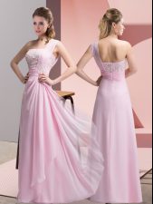  Sleeveless Chiffon Floor Length Zipper Prom Evening Gown in Baby Pink with Beading and Appliques