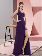 Vintage Purple One Shoulder Neckline Beading and Ruching Dress for Prom Sleeveless Backless