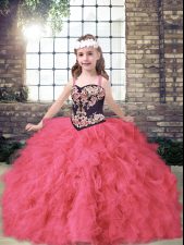 Cheap Coral Red Little Girls Pageant Gowns Party and Wedding Party with Embroidery and Ruffles Straps Sleeveless Lace Up