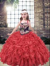  Ball Gowns Kids Pageant Dress Red Straps Organza Sleeveless Floor Length Lace Up