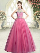  Floor Length A-line Sleeveless Pink Prom Gown Zipper