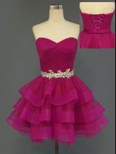  Fuchsia Sleeveless Mini Length Beading and Ruffled Layers and Ruching Lace Up Prom Party Dress
