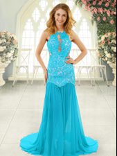  Aqua Blue Mermaid Chiffon Scoop Sleeveless Lace Backless Prom Dress Brush Train