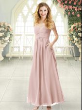 Best Empire Prom Evening Gown Pink Spaghetti Straps Chiffon Sleeveless Ankle Length Criss Cross