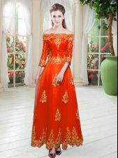  Lace Prom Party Dress Orange Red Lace Up 3 4 Length Sleeve Floor Length