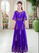 Most Popular Purple A-line Scoop Half Sleeves Tulle Floor Length Lace Up Lace Prom Dresses