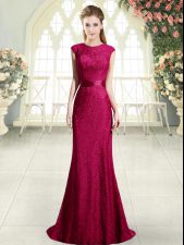  Red Prom Dress Sweep Train Cap Sleeves Beading and Lace