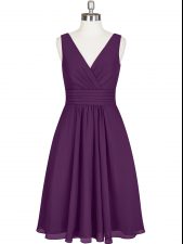  Purple A-line Chiffon V-neck Sleeveless Pleated Knee Length Zipper Dress for Prom