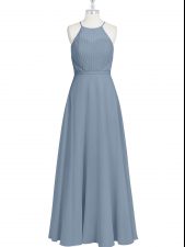  Floor Length Zipper Prom Gown Grey for Prom and Party and Military Ball with Ruching and Pleated