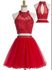 Suitable Mini Length Two Pieces Sleeveless Red Prom Dresses Zipper