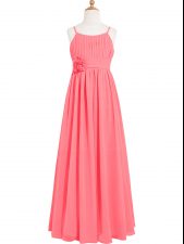 Latest Watermelon Red Chiffon Zipper Scoop Sleeveless Floor Length Prom Gown Pleated and Hand Made Flower