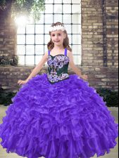 Lovely Purple Lace Up Straps Embroidery Little Girls Pageant Dress Organza Sleeveless