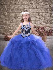  Royal Blue Straps Neckline Embroidery and Ruffles Kids Pageant Dress Sleeveless Lace Up