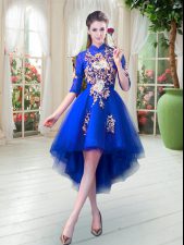 Fabulous High Low Royal Blue Prom Party Dress High-neck Half Sleeves Zipper