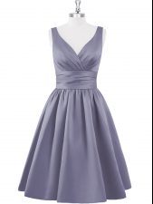 Simple Sleeveless Satin Knee Length Zipper Homecoming Dress in Grey with Ruching