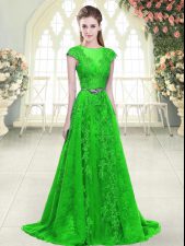 Fabulous Green A-line Scoop Cap Sleeves Tulle Zipper Beading and Lace and Pick Ups Prom Gown