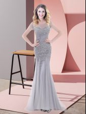  Mermaid Prom Evening Gown Grey Scoop Tulle Short Sleeves Floor Length Zipper