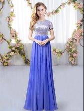 Comfortable Short Sleeves Chiffon Floor Length Zipper Quinceanera Dama Dress in Lavender with Sequins