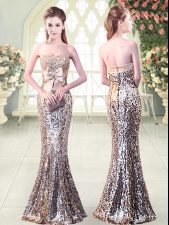 Smart Sleeveless Sequined Floor Length Zipper Prom Dresses in Silver with Beading and Sequins and Bowknot