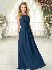 Custom Fit Floor Length Zipper Homecoming Dress Navy Blue for Prom and Party with Ruching
