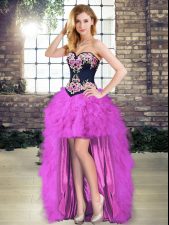 Cheap Purple A-line Embroidery and Ruffles Prom Evening Gown Lace Up Sleeveless High Low