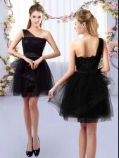  Mini Length Black Quinceanera Court of Honor Dress Tulle Sleeveless Lace