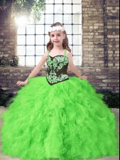 Admirable Ball Gowns Straps Sleeveless Tulle Floor Length Lace Up Embroidery and Ruffles Kids Pageant Dress
