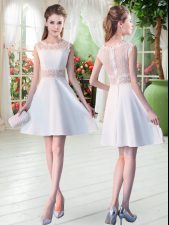 Fashionable White A-line Satin Scoop Sleeveless Lace Mini Length Zipper Prom Party Dress