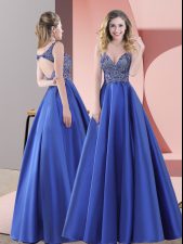 Pretty Floor Length A-line Sleeveless Blue Prom Dress Sweep Train Backless