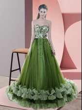  Green Dress for Prom Prom and Party and Military Ball with Beading and Appliques Sweetheart Sleeveless Sweep Train Lace Up