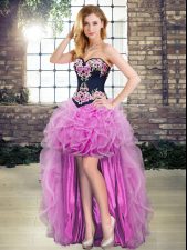 Sweetheart Sleeveless Prom Gown High Low Appliques and Embroidery Lilac Organza