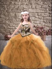 Eye-catching Gold Straps Lace Up Embroidery and Ruffles Girls Pageant Dresses Sleeveless