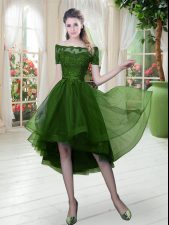 Customized Green Off The Shoulder Lace Up Lace Prom Evening Gown Short Sleeves