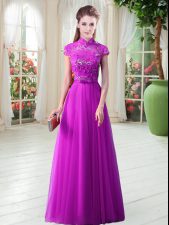 Vintage Purple A-line Appliques and Belt Prom Dresses Lace Up Tulle Cap Sleeves Floor Length