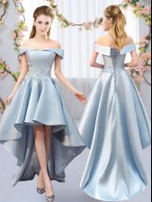 Excellent High Low Light Blue Dama Dress for Quinceanera Satin Sleeveless Appliques