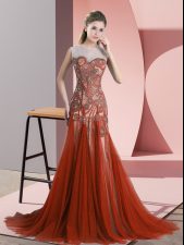  Rust Red A-line Scoop Sleeveless Tulle Sweep Train Backless Beading Evening Dress
