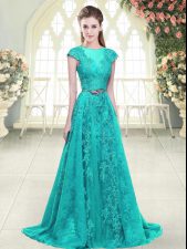  Beading and Lace Prom Gown Aqua Blue and Green Zipper Cap Sleeves Sweep Train