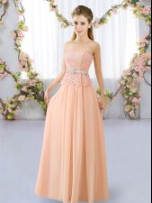 Glamorous Peach Sleeveless Lace and Belt Floor Length Quinceanera Court Dresses