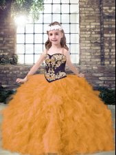 Custom Design Tulle Straps Sleeveless Lace Up Embroidery and Ruffles Little Girl Pageant Dress in Gold