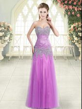  Sleeveless Tulle Floor Length Zipper Prom Gown in Lilac with Beading