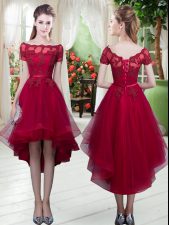  Short Sleeves High Low Appliques Lace Up Homecoming Dress with Wine Red