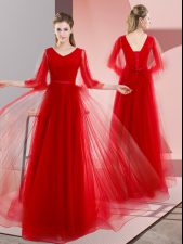 Pretty Red Lace Up V-neck Beading Prom Evening Gown Tulle Long Sleeves