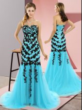 Flirting Tulle Sweetheart Sleeveless Sweep Train Lace Up Appliques Dress for Prom in Aqua Blue