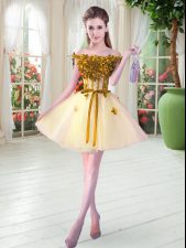 Tulle Off The Shoulder Sleeveless Lace Up Beading and Appliques Homecoming Dress in Yellow