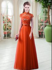 A-line Dress for Prom Orange Red High-neck Tulle Cap Sleeves Floor Length Lace Up