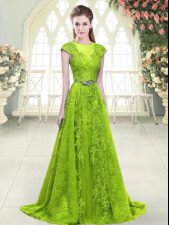 Charming Yellow Green Prom Gown Tulle Sweep Train Sleeveless Beading and Pick Ups