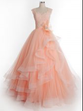 Inexpensive Peach Sleeveless Tulle Lace Up Sweet 16 Dress for Military Ball and Sweet 16 and Quinceanera