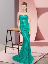 Flare Turquoise Lace Up Prom Dress Beading Sleeveless Sweep Train